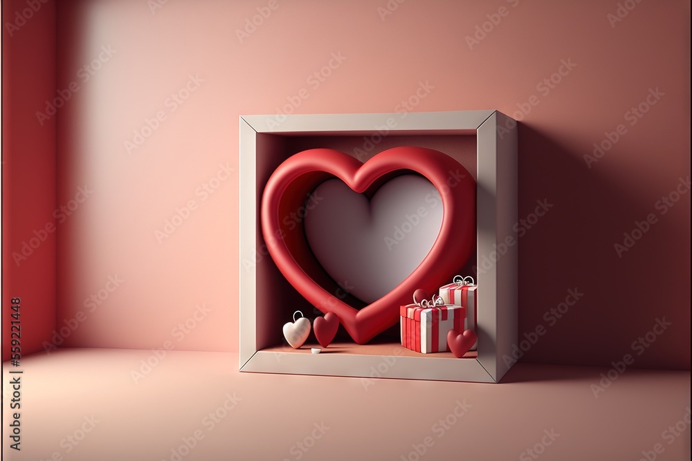 Poster a heart shaped box with presents inside of it on a shelf in a room with a pink wall and a red wall b