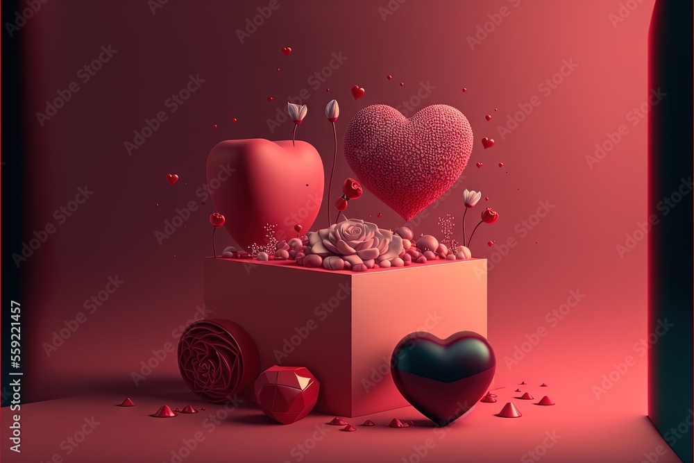 Poster a box with hearts and other items on a pink background with a rose and a rose in the middle of the b