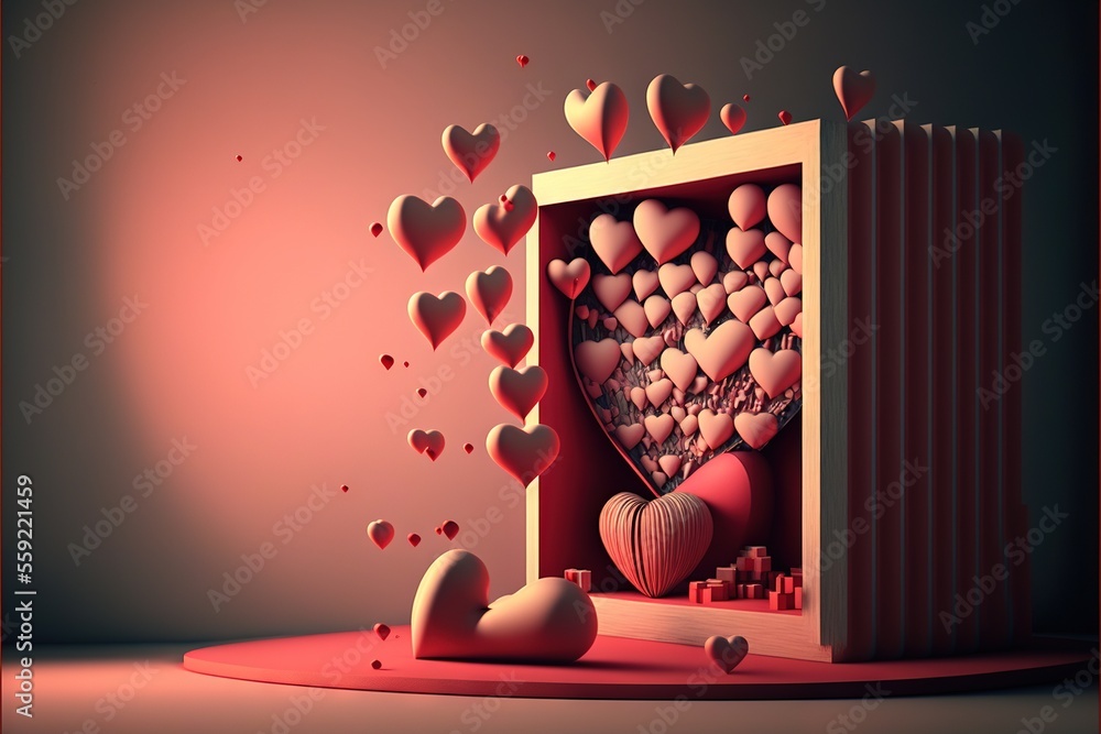 Poster a heart shaped box with hearts coming out of it and a red background with hearts coming out of it an