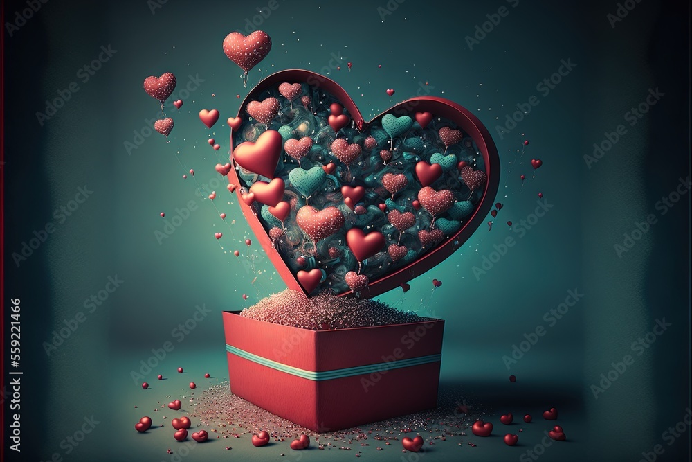 Poster a heart shaped box filled with hearts floating out of it's sides and on top of a table with hearts f