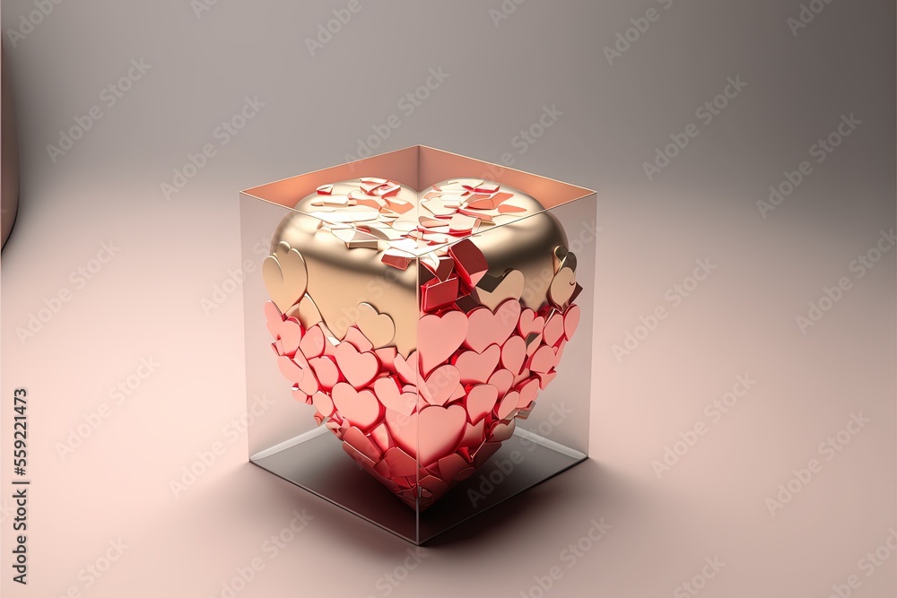 Poster a heart shaped object in a glass box on a table top with a pink background and a light pink backgrou