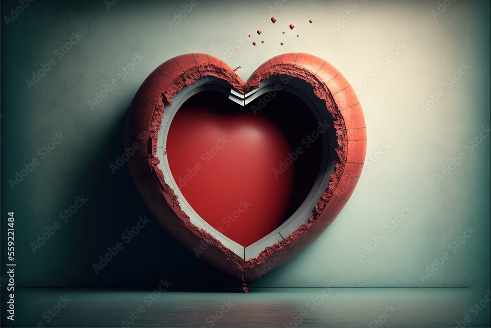 Aufkleber a heart shaped object with a hole in the middle of it and a small bird flying out of it, on a wall w