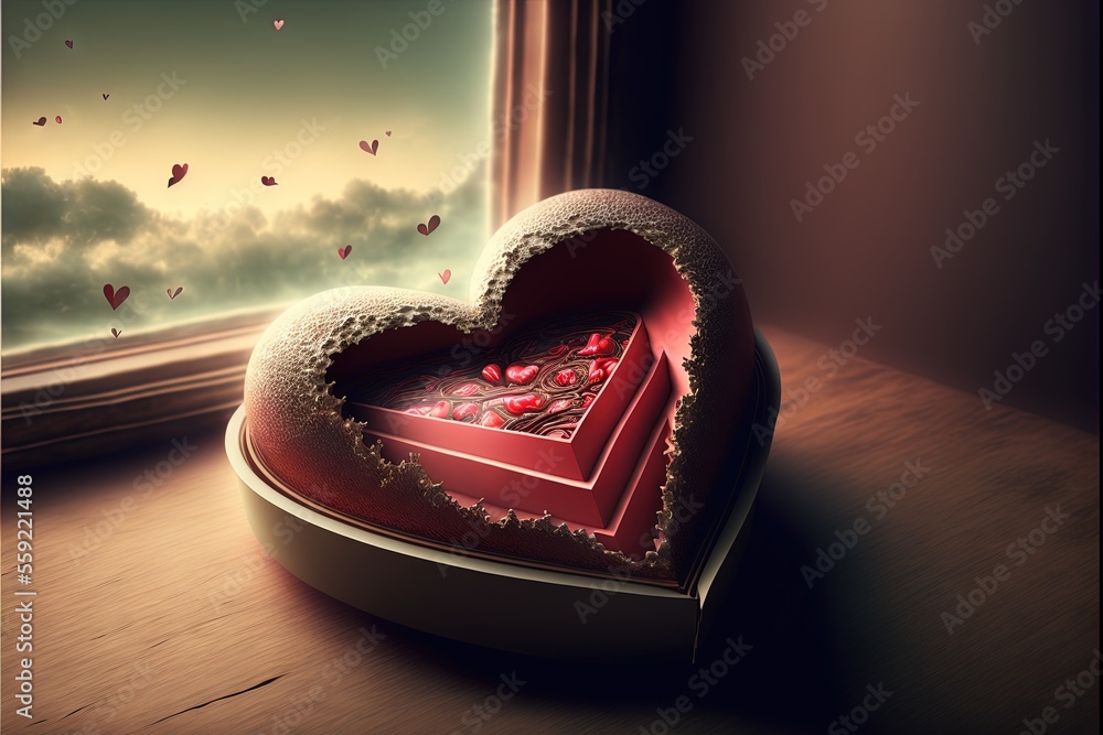 Poster a heart shaped box sitting on a table next to a window with a view of the sky and clouds outside of 