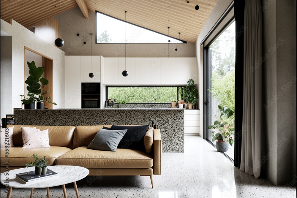 Aufkleber a living room with a couch and a table in it and a kitchen in the background with a large window and