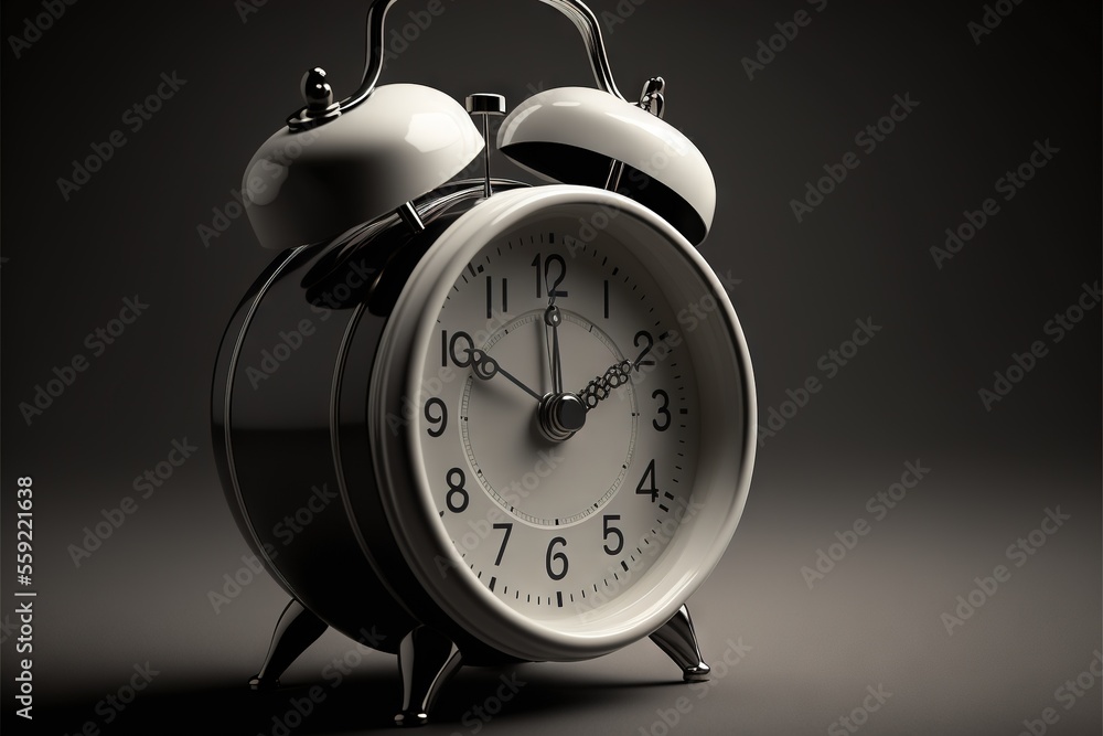 Poster a black and white clock with a white face and hands on a black background with a shadow of the clock