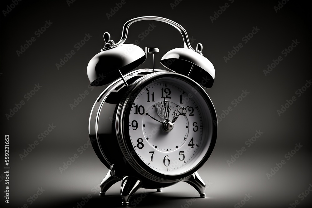Poster a black and white photo of an alarm clock with the numbers 11 20 on it's face and hands, with a blac