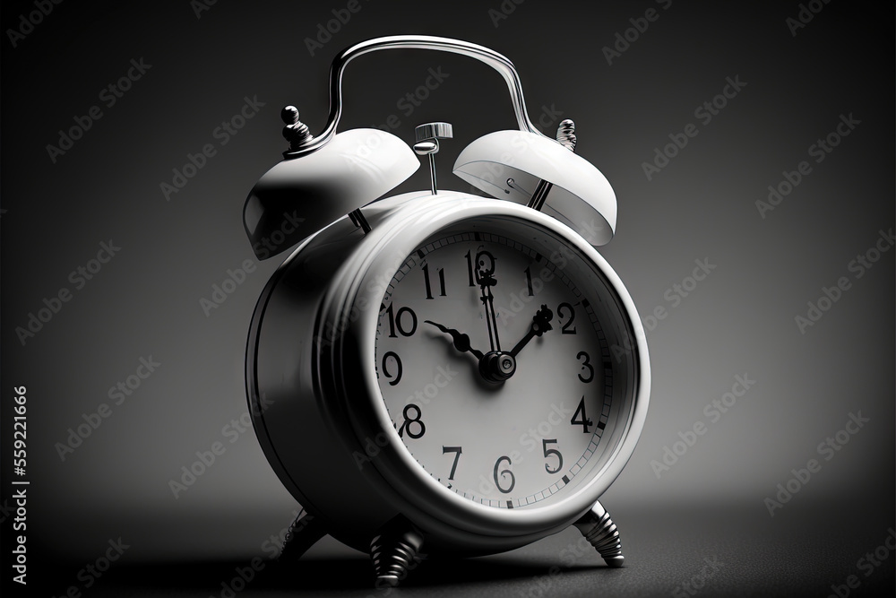 Poster a black and white photo of an alarm clock with a white face and hands on a black background with a s