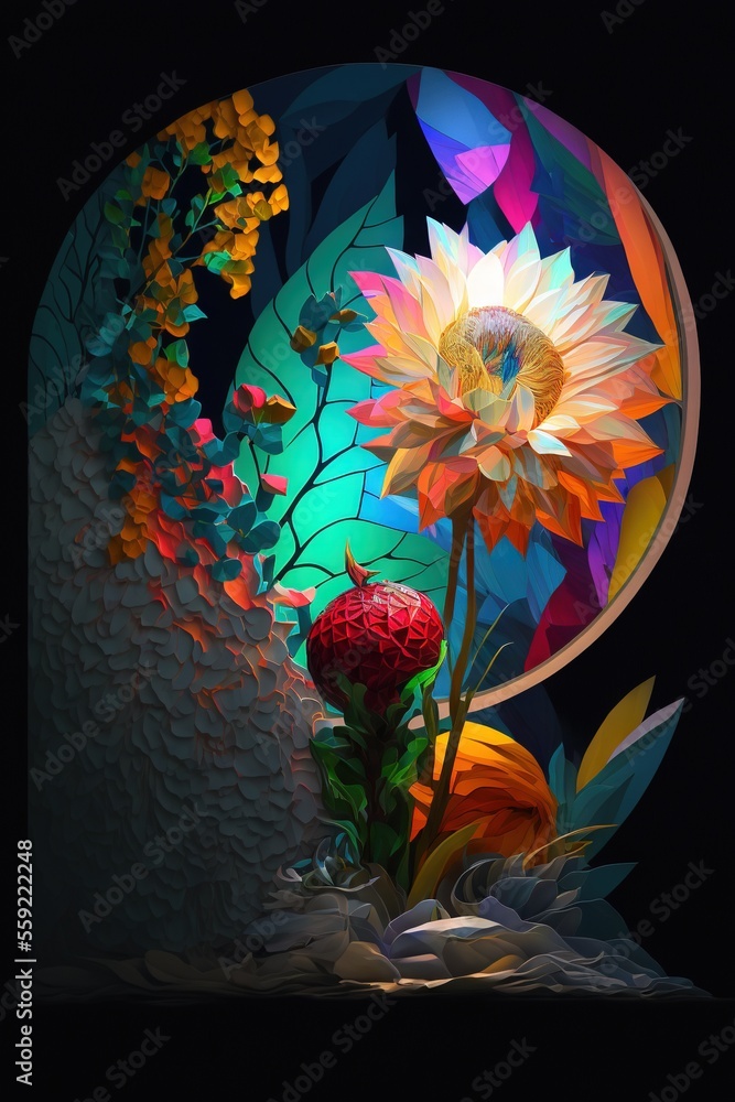 Poster a painting of a flower and a vase with a flower in it on a black background with a circular mirror b