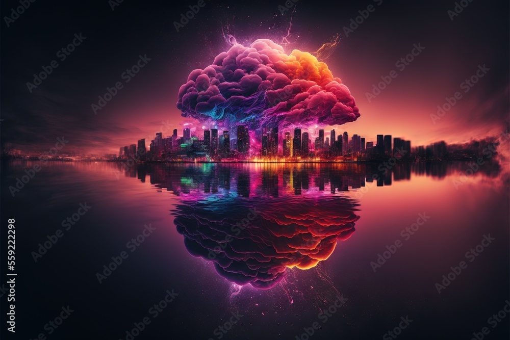 Poster an explosion in the sky over a body of water, with buildings and trees in the background the sky is 