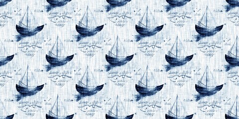 Indigo dye wash coastal damask seamless border pattern. Washed out geometric dip dyed blur effect edging. Nautical and marine ocean blue masculine endless tape background with linen texture trim.