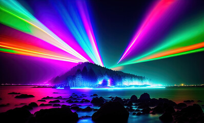 Fototapeta na wymiar beach with bright neon lights . Generative AI