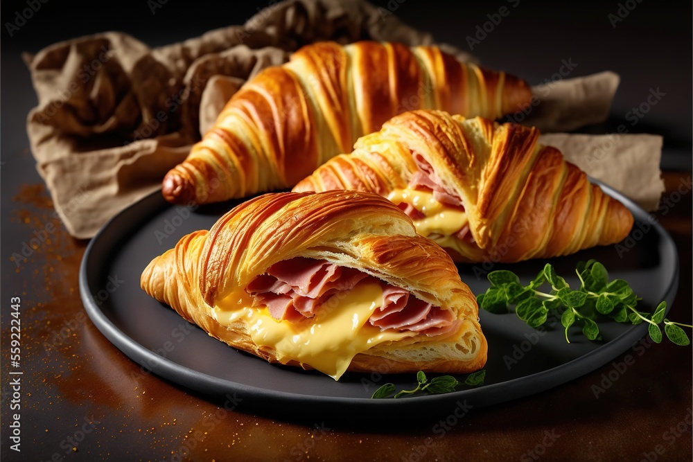 Aufkleber a plate with a croissant and a piece of bread on it with cheese and meat on it and a leaf of parsley