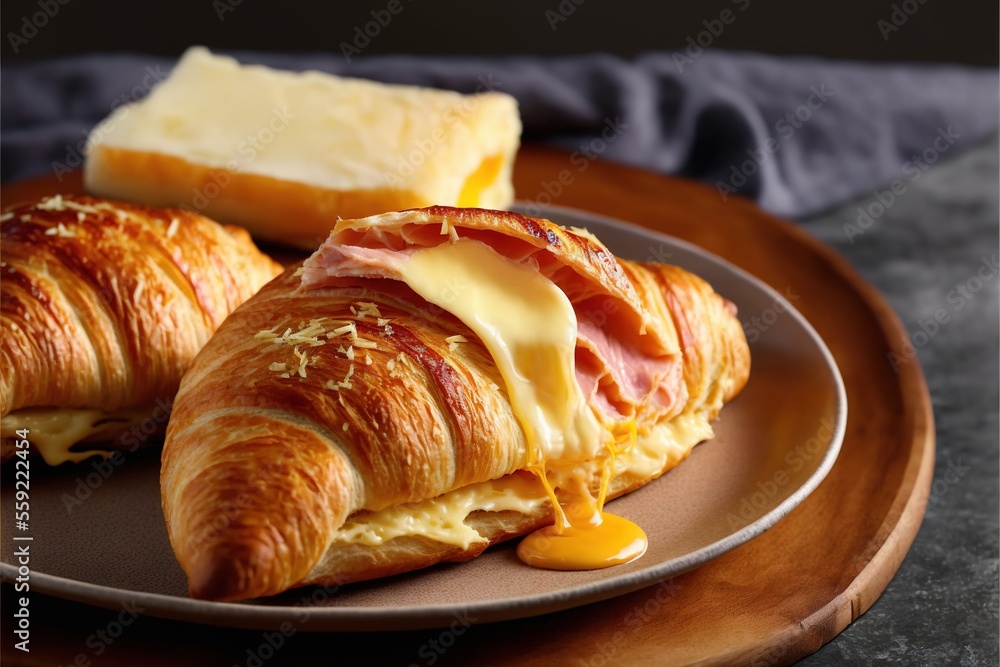Aufkleber a plate with a croissant and a piece of bread on it with cheese on top of it and a piece of bread on