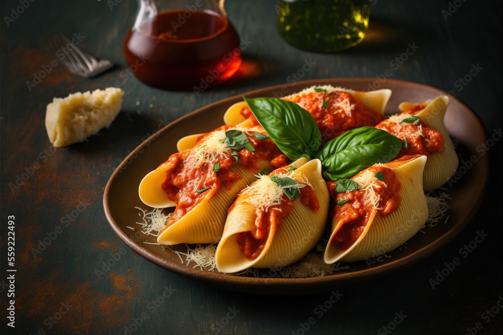 Poster a plate of pasta shells with sauce and basil leaves on top of it with a side of cheese and sauce on 