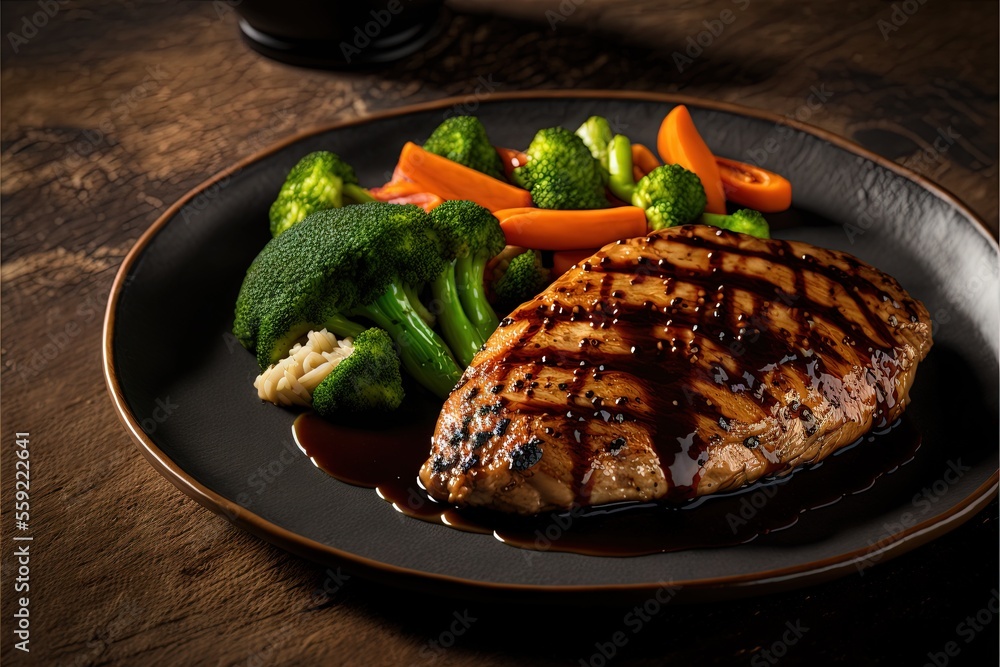 Poster a plate of food with meat and vegetables on it on a table with a glass of wine in the background and