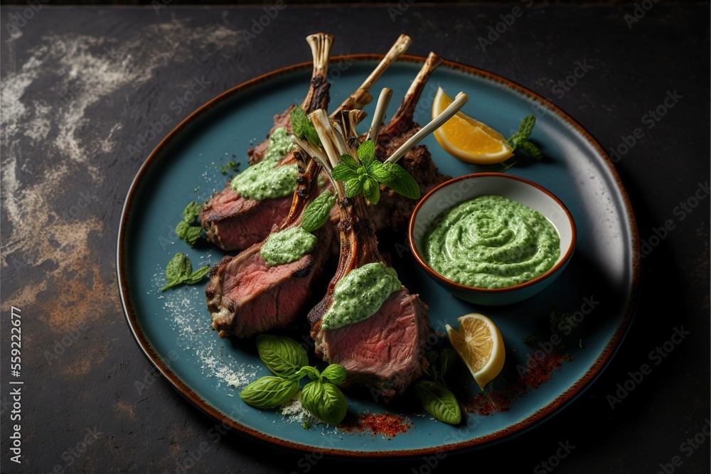 Poster a plate of food with meat and a small bowl of green sauce on it with a lemon slice and a lime wedge 
