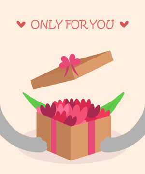 greeting card and poster with flower tulip gift present box with bow and heards and cute lovely cat  paws in for Valentine's Day  Birthday Celebration