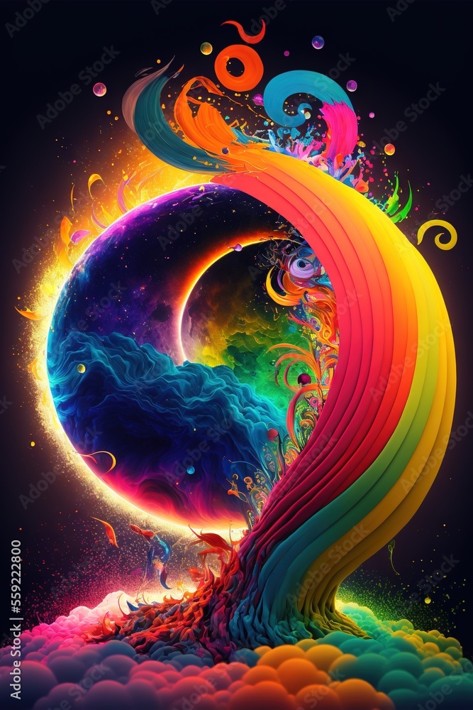 Poster a colorful abstract painting with a rainbow swirl and a black background with a black background and