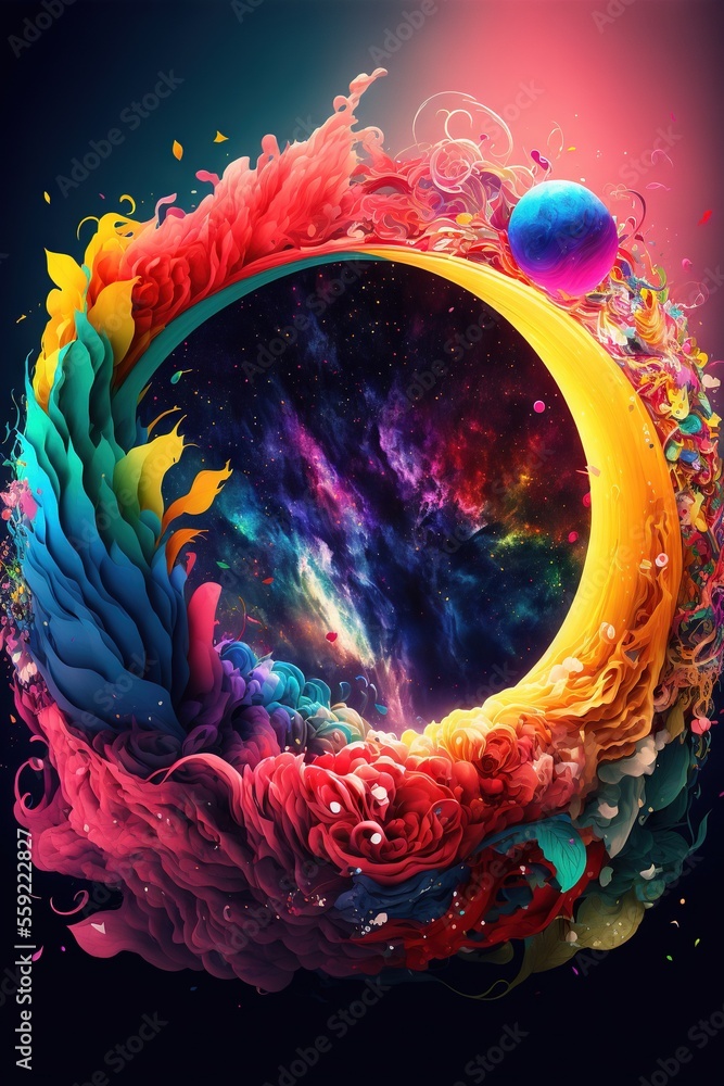 Poster a colorful painting of a crescent with a flower on it and a planet in the background with a colorful