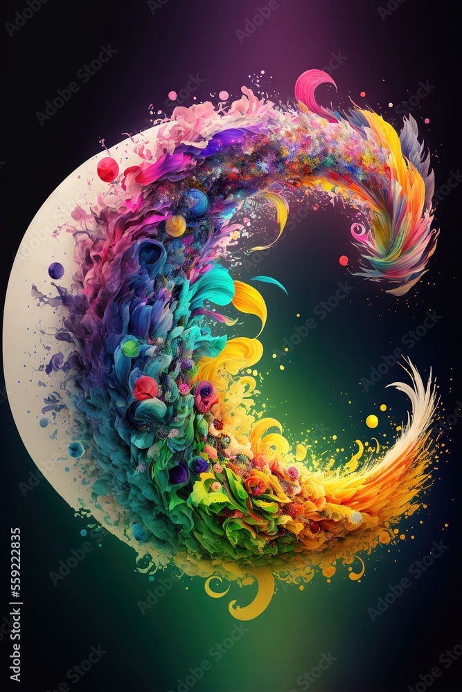 Poster a colorful letter made of paint and splatters on a black background with a white circle in the middl