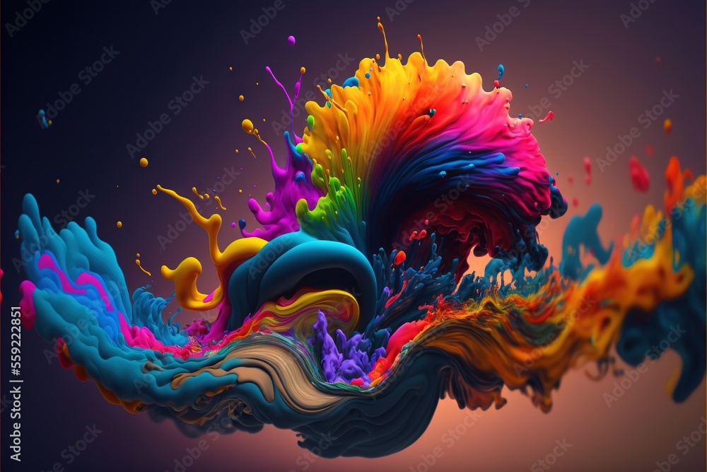 Poster a colorful abstract painting with a black background and a blue sky in the background with a rainbow