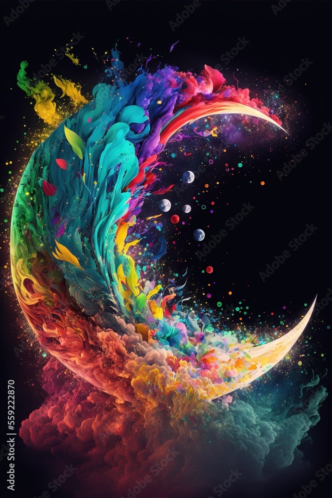 Aufkleber a colorful painting of a crescent with a black background and a black background with a white circle