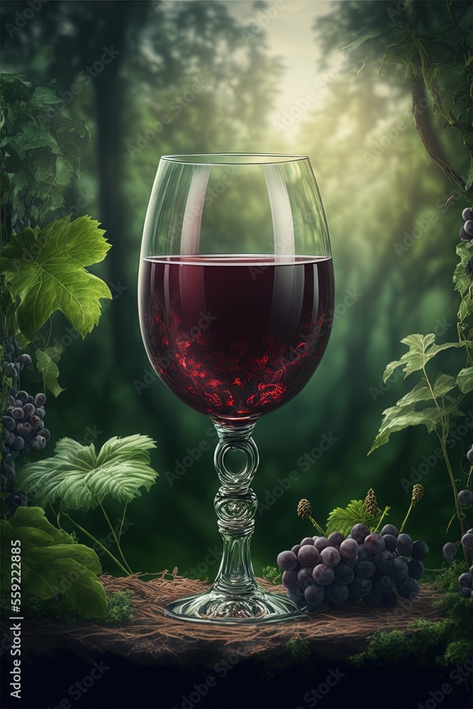 Poster a painting of a glass of wine and grapes on a table in a forest setting with a green background and 