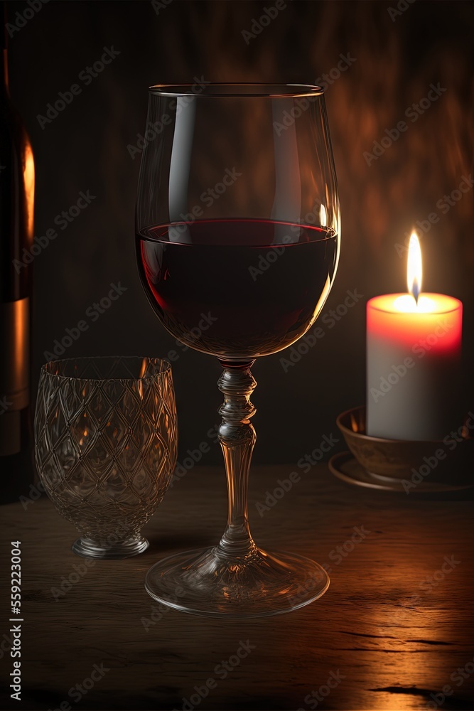 Poster a glass of wine and a candle on a table with a dark background and a candle lite up in the backgroun