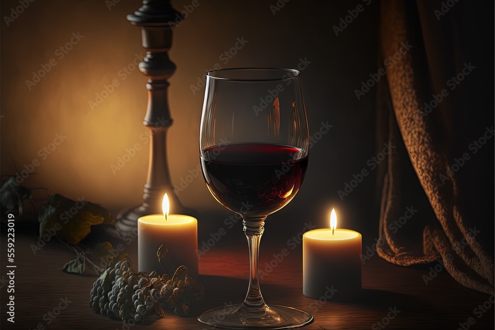 Aufkleber a glass of wine and two candles on a table with a curtain in the background and a candle holder with
