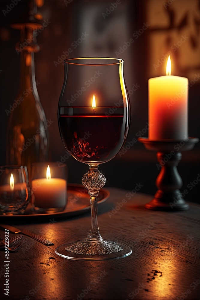 Aufkleber a glass of wine and a candle on a table with a candle holder and a candle in the background on a dar
