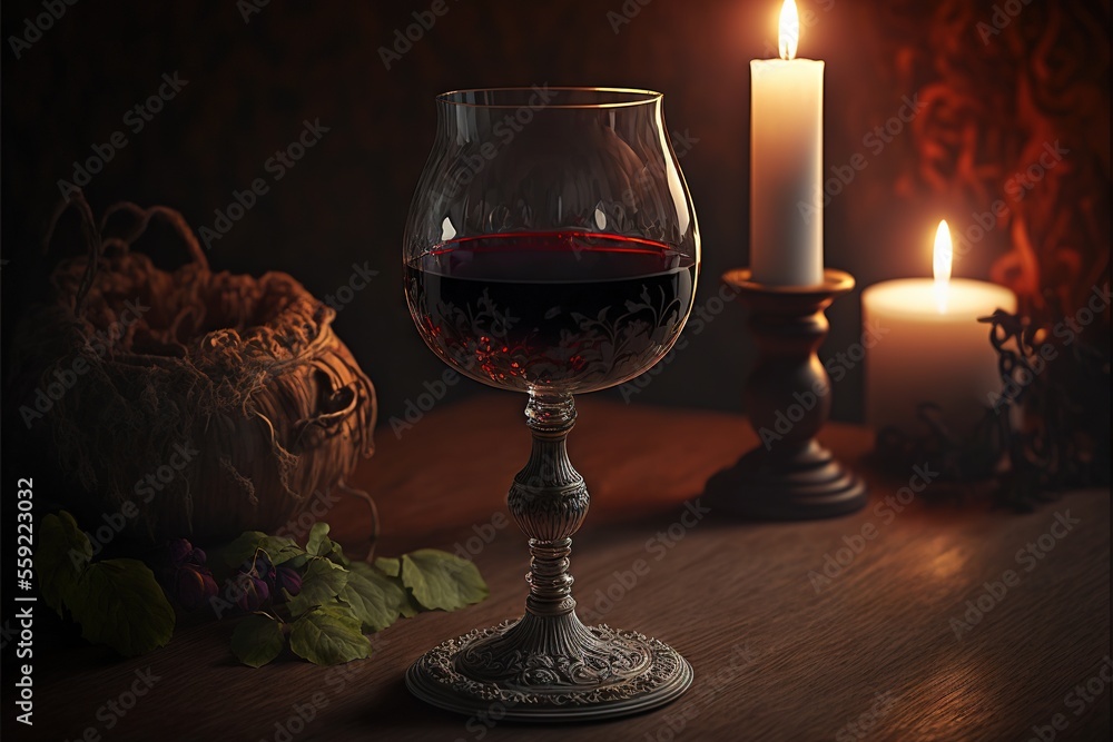 Poster a glass of wine sitting on a table next to a candle and a basket of grapes on a table top with a can