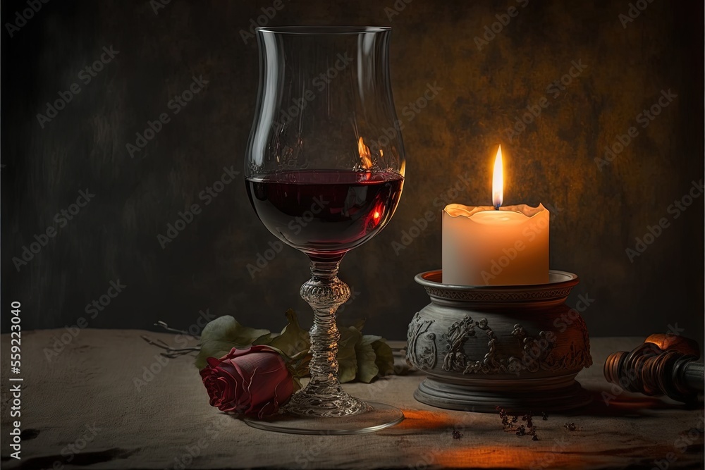 Poster a candle and a glass of wine on a table with a rose and a bottle of wine on it and a candle holder w