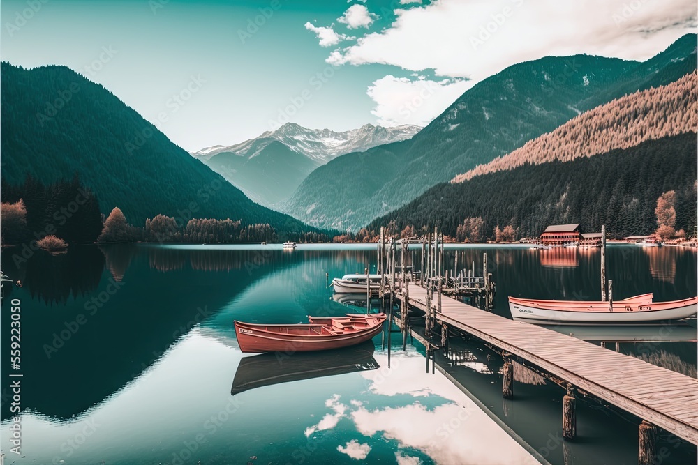 Poster a lake with boats docked at a pier and mountains in the background with clouds in the sky and a pier