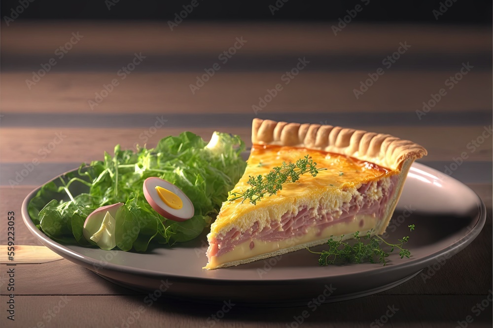 Poster a plate with a piece of pie and a salad on it with an egg in the background and a fork in the foregr