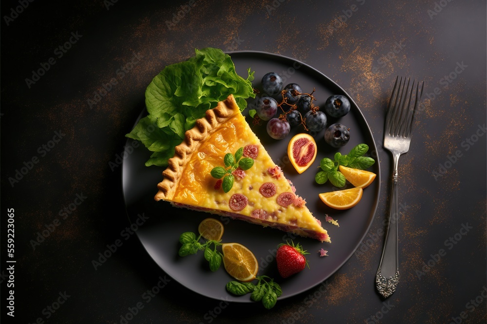 Poster a plate with a slice of pizza and fruit on it with a fork and knife on the side of the plate, on a d