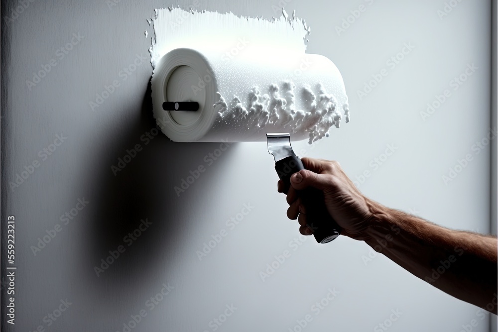 Poster a person is using a paint roller to paint a wall with white paint on it and a roll of toilet paper i