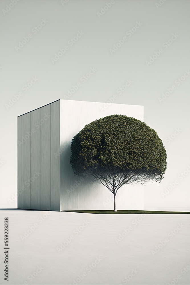 Poster a tree in front of a white building with a tree in the middle of it and a building with a door on th