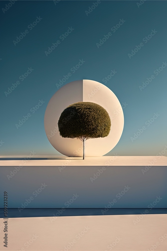 Aufkleber a tree in a white circle with a blue sky in the background and a white wall with a white circle behi