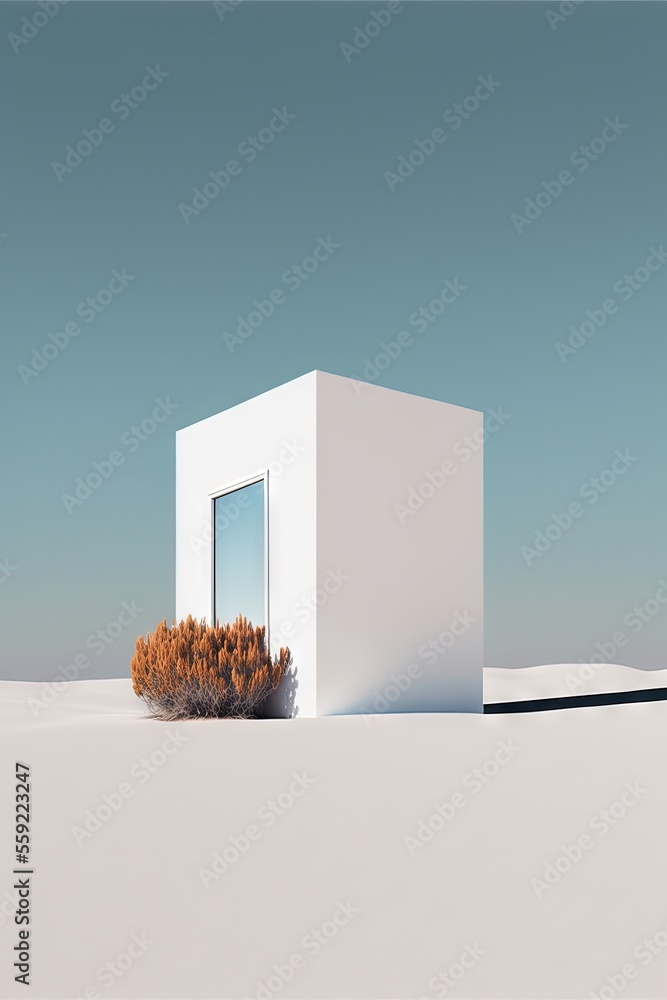 Poster a white building with a small bush in front of it on a desert plain with a blue sky in the backgroun