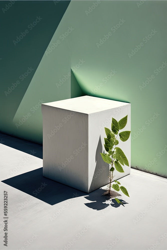 Poster a small plant growing out of a white cube in front of a green wall with a shadow on the floor and a 