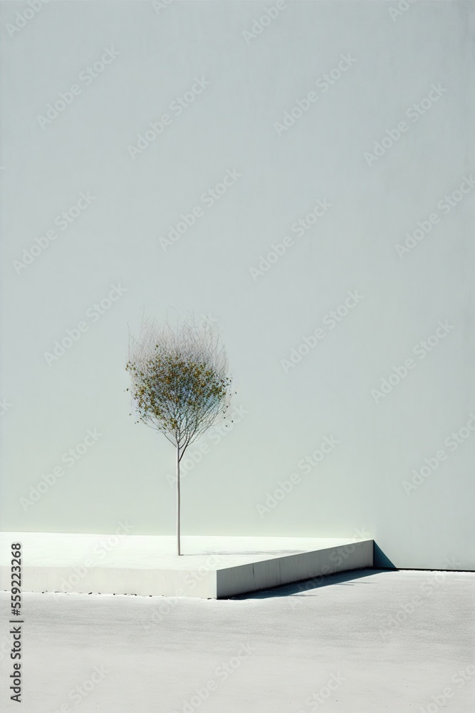 Poster a lone tree in a white room with a white wall in the background and a white floor in the foreground 