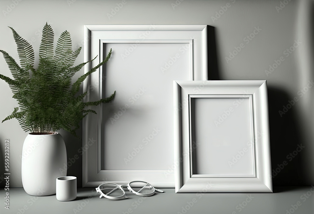 Poster a white frame and a plant on a table with a pair of glasses and a vase with a fern in it and a pair 