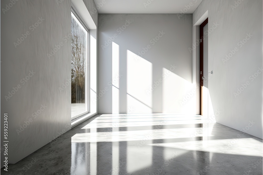 Poster a room with a door and a window with a long shadow on the floor and a door with a window on the wall