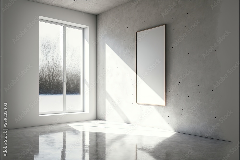 Aufkleber a room with a large window and a picture frame on the wall with a snowy landscape outside it and a w