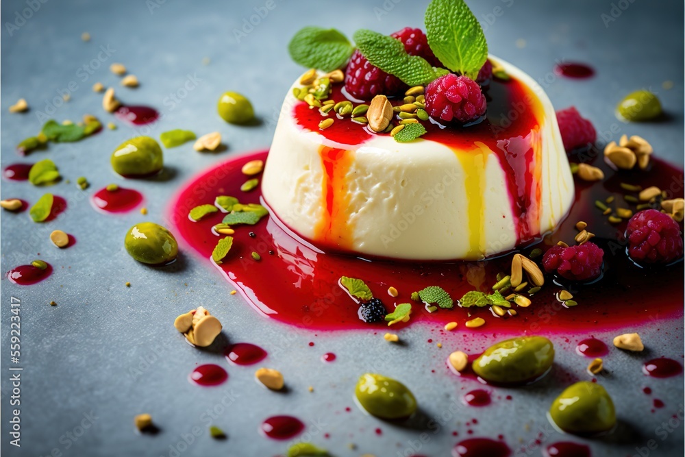 Aufkleber a dessert with berries and nuts on a table with red sauce and green leaves on top of it and a spoon 
