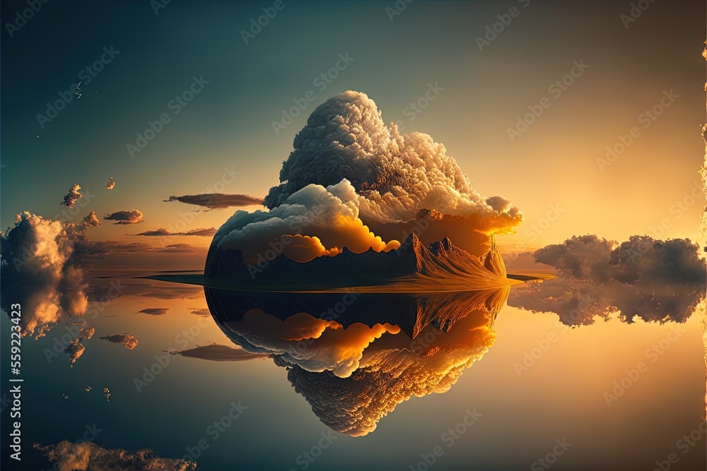 Poster a picture of a cloud formation with a reflection in the water and a sky with clouds and a sun in the