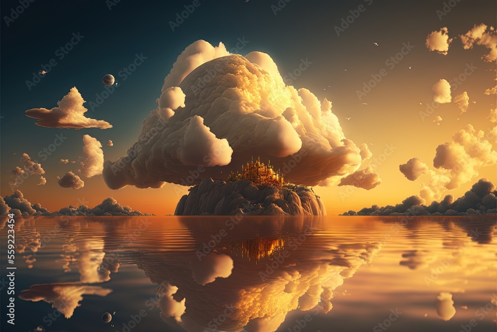 Poster a painting of a cloud floating in the sky over a lake with a house on it and a sunset in the backgro