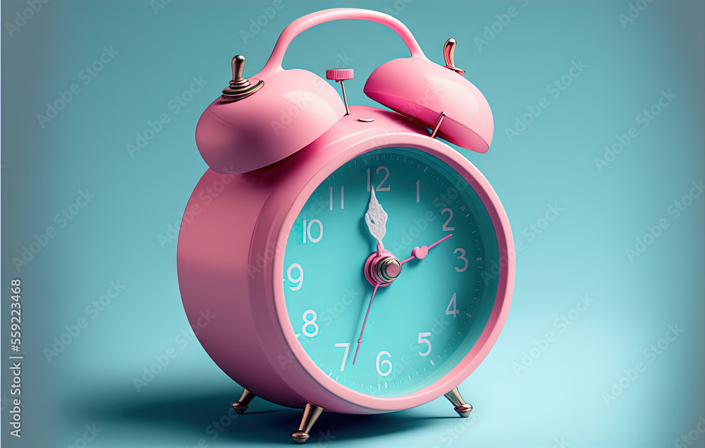 Poster a pink alarm clock with a pink handle on a blue background with a white border around it and a white