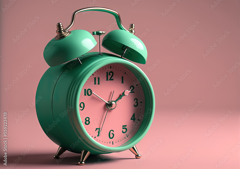 Poster a green alarm clock with a pink background and a green frame on the front of it