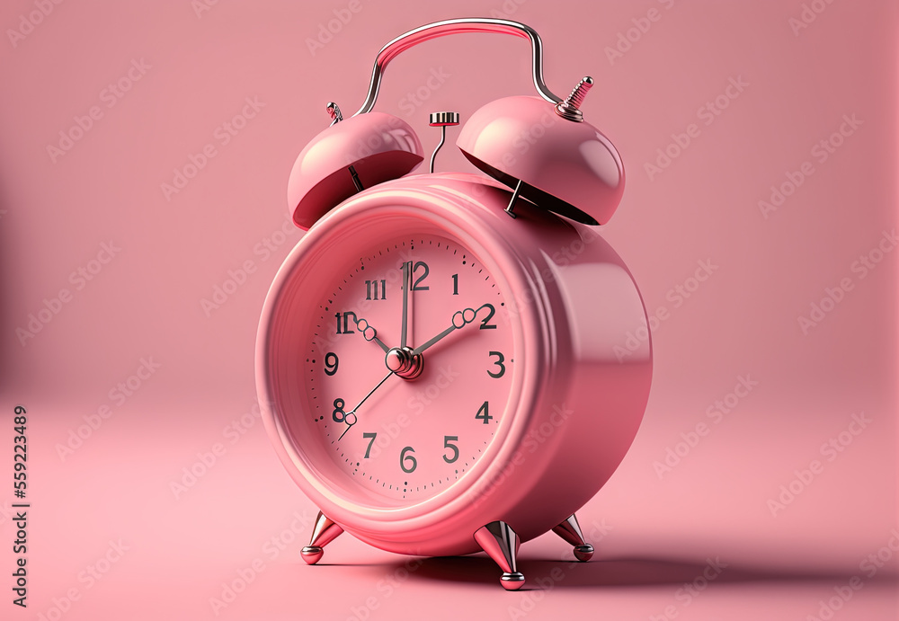 Poster a pink alarm clock on a pink background with a pink background and a pink background with a pink bac